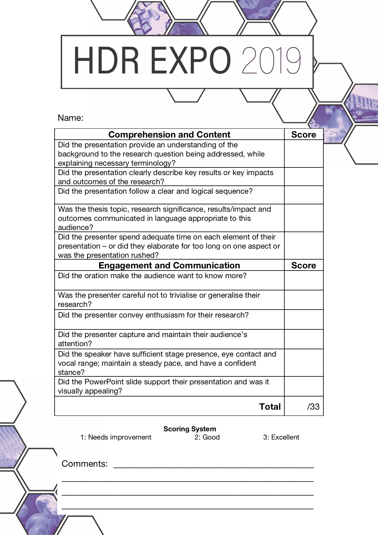 Example marking sheet